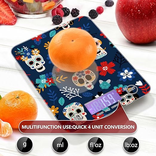 Food Scale Kitchen Digital Scale Food Ounces and Grams Dieting Baking Cooking Waterproof Glass Panels LCD Display,4 Units Scale Tare Function Some Blue Skull