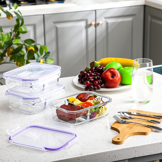 12 Pcs 35 oz Glass Portion Control Containers with 3 Set Knives Forks Spoons Food Storage Containers with Lids 3 Compartment Airtight Lunch Bento Boxes for Adults Diet Balanced Eating