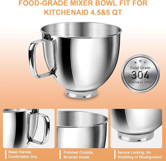 5 QT Food-Grade 304 Stainless Steel Mixer Bowl Fit for KitchenAid Tilt-Head Stand Mixers, 4.5-5 Quart Replacement Mixing Bowl with Handle for Kitchen Aid Artisan&Classic Series, Polished & Rust-Proof