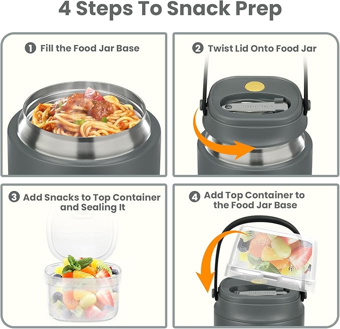2-In-1 Soup Thermo for Hot Food Kids, 15 Oz Insulated Food Container and a Snack Box, Wide Mouth, Leak Proof, Stainless Steel Spoon, Dishwasher Safe Food Thermo Set for School, Work, Travel, Gray