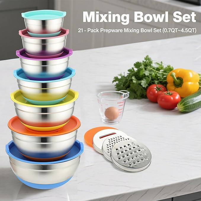 Sentk Mixing Bowls with Lids Set, 21 PCS Stainless Steel Mixing Bowls with 3 Grater Attachments, Food Storage Nesting Mixing Bowl with Non-Slip Bottoms, Mixing Bowl Set Great for Mixing & Serving