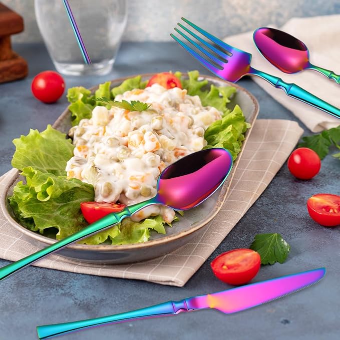 AARAINBOW 7 Pieces Stainless Steel Flatware Set Portable Reusable Cutlery Set Travel Utensils Set Including Chopsticks Knife Fork Spoon Straws Cleaning Brush Dishwasher Safe (B-Multicolored)