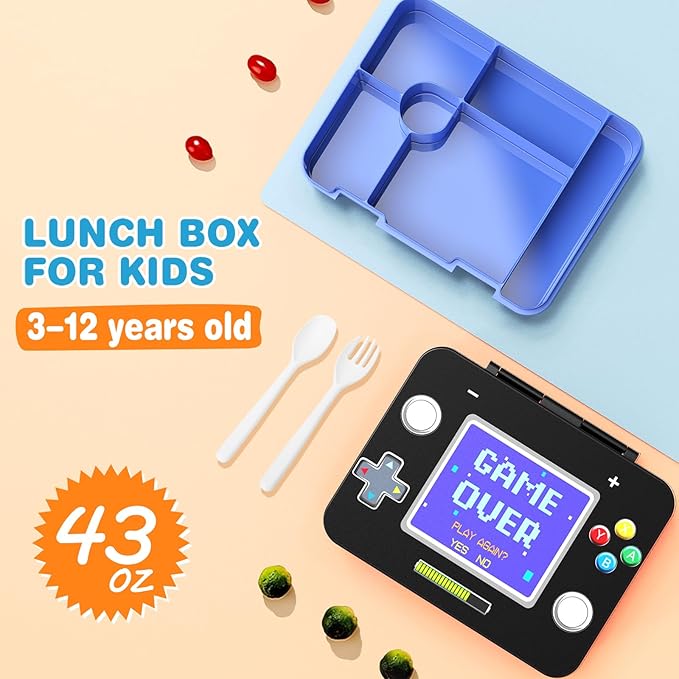 Boys Backpack - Luminous Game Bento Box with Insulated Lunch Bag Pencil Case & Utensils Set for Kids, 6 Leakproof Compartments Removable Tray Lunches or Snack Container (Blue Game Screen)
