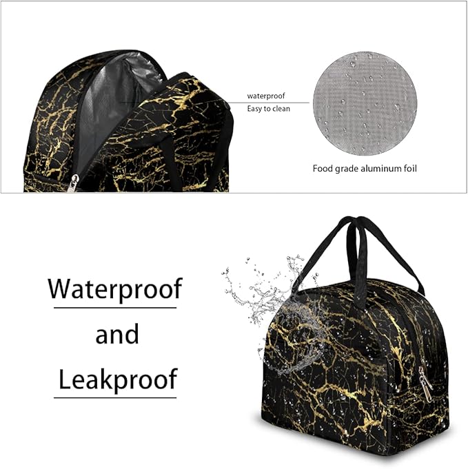 Insulated Lunch Bag for Women Men Golden Marble Texture Waterproof Thermal Tote Bag Reusable Lunch Box Container Lunch Holder Leakproof Lunch Cooler Bag Picnic Travel Work
