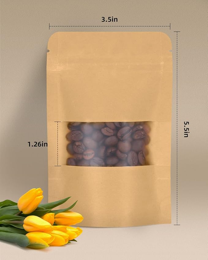 100pcs Kraft Bags with Window 3.5x5.5 Inches Brown Reusable Sealable Zip Lock Food Storage Stand up Paper Pouches for Home or Business