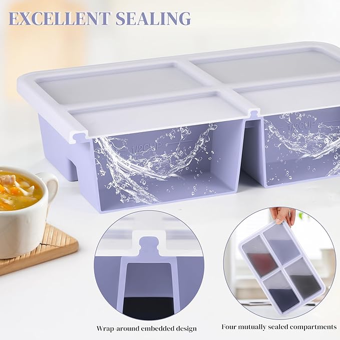 2pack Silicone Freezer Trays With Lid, 1 Cup Silicone Molds, Freezer Molds For Soup, Broth, Leftovers, Microwave-safe Container - Purple