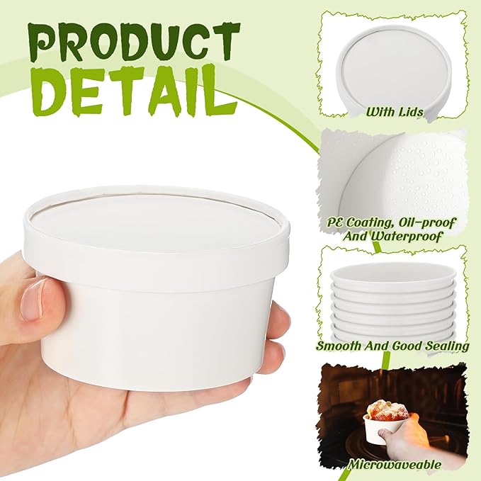 Fulmoon 100 Pack Paper Soup Containers with Lids Disposable Paper Food Containers with Vented Lids Kraft Ice Cream Bowls Soup Cup Ice Cream Cups for Restaurants(4 oz,White)