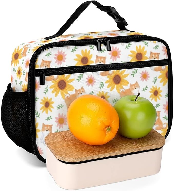 Dog Sunflower Reusable Lunch Box Insulated Lunch Bag Cooler Bag Lunchbox Meal Food Container Tote Bag for Women Kids Girls School Camping Hiking Picnic Beach Travel