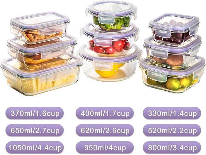 Bayco Glass Storage Containers with Lids, 9 Sets Meal Prep Container Airtight, Glass Food Storage Containers, Container Sets for Food Storage with Lids - (Purple)
