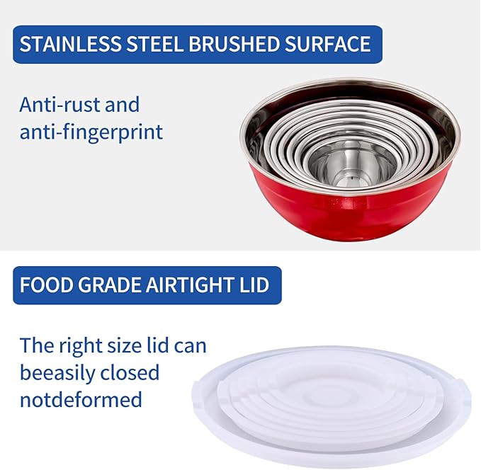 Red Mixing Bowls with Airtight Lids, Stainless Steel Nesting Mixing Bowls Set of 7, Ideal for Baking, Prepping and Serving Food, Size 7, 3.6, 2.7, 2.1, 1.5, 1.1,0.8 QT, Stackable Design