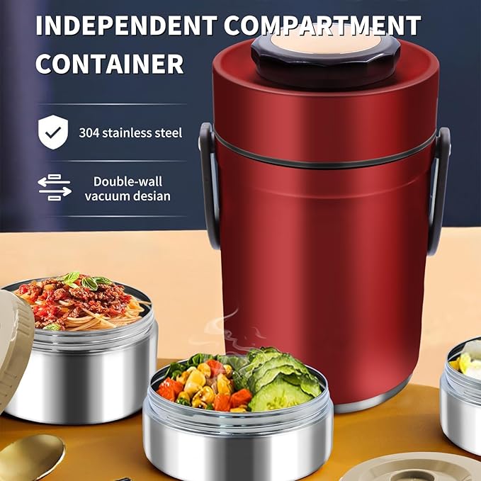 67oz Thermos for Hot Food,3-Layer Sealed Stackable Food Thermos,with Lunch Bag Soup Thermos Wide Mouth,It Is Suitable for Daily Office Meals, and Outdoor Meals (Red)