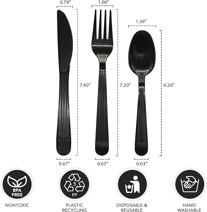 Party Essentials Individually Wrapped Black Plastic Utensil Sets/Heavy Duty Flatware Packs, Fork/Spoon/Knife, 100 Sets