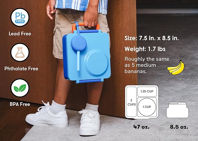 Omie OmieBox Bento Box for Kids - Insulated Lunch Box with Leak Proof Thermos Food Jar - 3 Compartments, 2 Temperature Zones (Blue Sky)