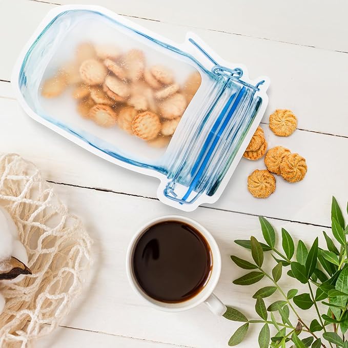 Jucoan 50 Pack Large Wide Mouth Mason Jar Zip Snack Bags, Reusable Airtight Leakproof Plastic Food Storage Zipper Saver for Home Kitchen Freezer Camping Travel Picnic