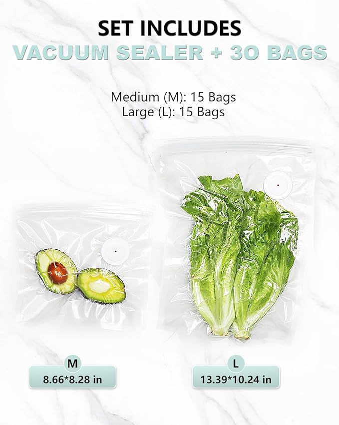 Fiii Vacuum Sealer with 30 Reusable Bags for Food, Powerful Handheld Vacuum Sealer Machine with Visible Water Tank, One Touch Kitchen Storage and Preservation, white & gray