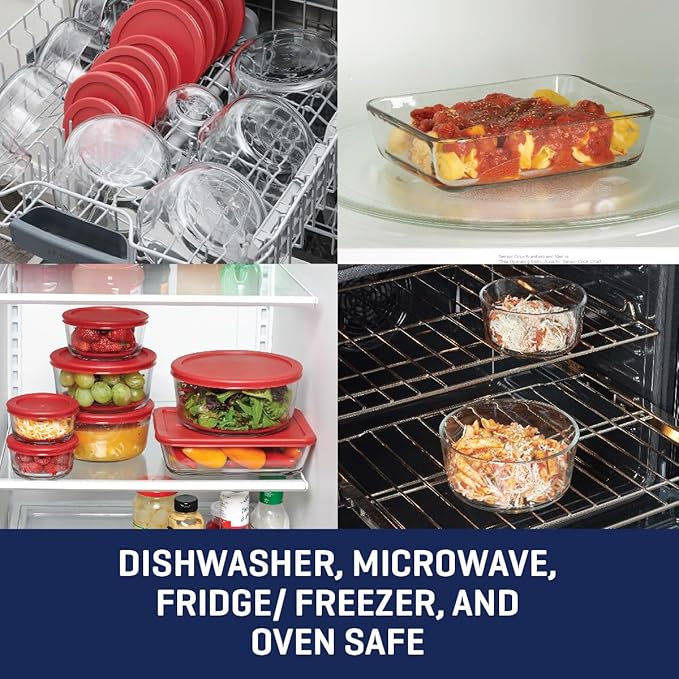 Anchor Hocking 18 Piece Glass Storage Containers with Lids (9 Glass Food Storage Containers & 9 Red SnugFit Lids)