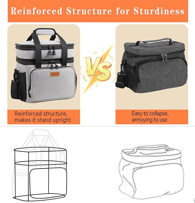 Double Deck Large Lunch Box, Insulated Heavy Duty Lunch Bag Waterproof Leakproof Durable Cooler Bag for Men Women Adults Work Picnic Camping Daytrip,16L,Grey, GLENKEY