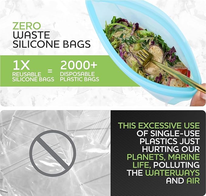 Reusable Silicone Food Storage Bag, Stand Up Food Storage Container, Reusable Zipper seal bag, no lid required, for Food Storage& Meal Prep, Freezer Oven Dishwasher - Safe, Set of 6 Bowls