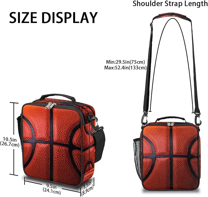 Basketball Sport Kids Lunch Box Basketball Texture Insulated Lunch Bag Tote for Girls Boys, Cooler Freezable Meal Prep Bag with Shoulder Strap Waterproof Lunch Container for School Office Picnic