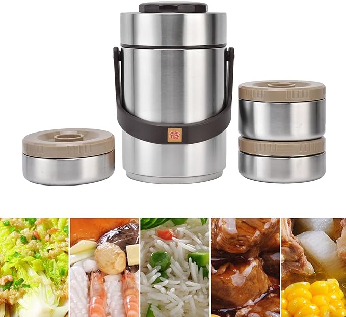 Thermos for Hot food Wide Mouth Lunch Box, 2000ml 3-Layer Stackable Insulated Food Container Reusable Leak Proof Soup Food Jar for Warm/Cool Food Daily Office Travel Picnic Outdoor Meals(Silver)