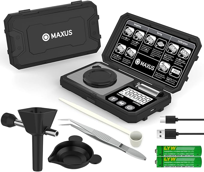 MAXUS Digital Milligram Scale 50g/0.001g with Calibration Weight, Reloading Scale with Powder Trickler Accessories