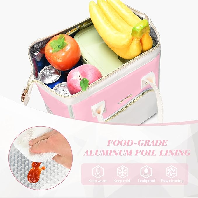LOKASS Lunch Bag Women Insulated Lunch Box, Wide-Open Lunch Tote Bag Leak-proof Cooler Bag for Work Picnic-(Light Pink)