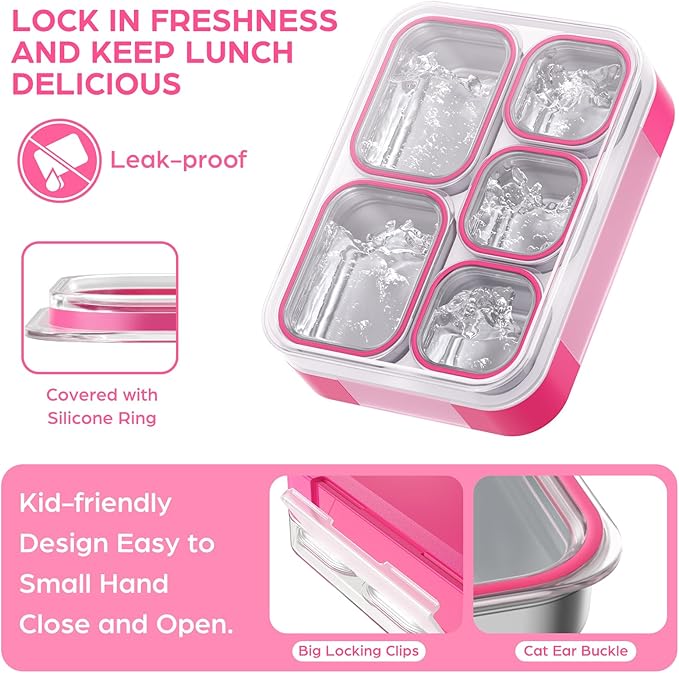 Stainless Steel Bento Lunch Box for Kids Adult - Leakproof BPA-Free School Lunch Container with 5 Compartment and Lunch Bag Set for Toddler Child Bento Box (Pink)