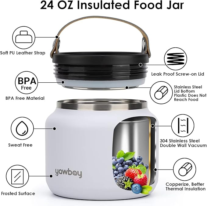 Insulated Food Jar,24 OZ Leakproof Insulated Food Soup Container,Stainless Steel Vacuum Thermal Insulated Hot Lunch Containers for Adults Wide Mouth Food Jar for Hot Cold Food(White)