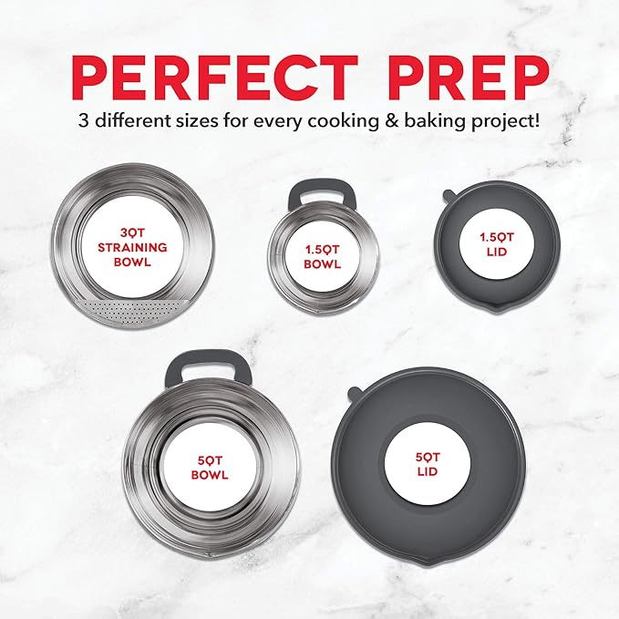 DASH Stainless Steel Mixing Bowls with Lids, Silicone Non-Slip Base with Measuring Lines and Strainer, 3 Bowl Set - 1.5 Quart, 3 Quart, & 5 Quart - Grey