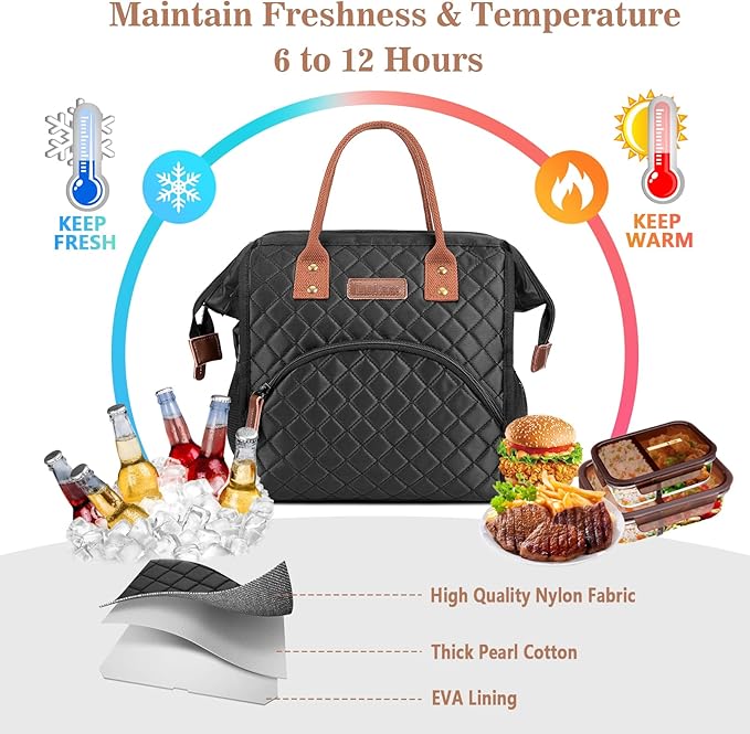 LOKASS Insulated Lunch Bag for Women & Men - Reusable 10 L Lunch Box for Women - Leakproof Tote Cooler Bag for Adults Work, Beach, Travel, Picnic (Black)