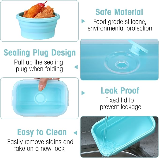 Yaomiao 16 Pack Collapsible Food Storage Containers with Lid Foldable 8 Pcs Rectangle Storage Bowl and 8 Pcs Round Silicone Food Bow for Lunch Rv Accessories Microwave Freezer Safe(Blue)