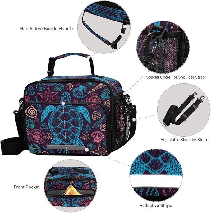 MNSRUU Turtle 11 Inch x 4.33 Inch x 9.05 Inch Insulated Lunch Bag with Adjustable Shoulder Strap, Keeps Food Warm or Cold for Hours