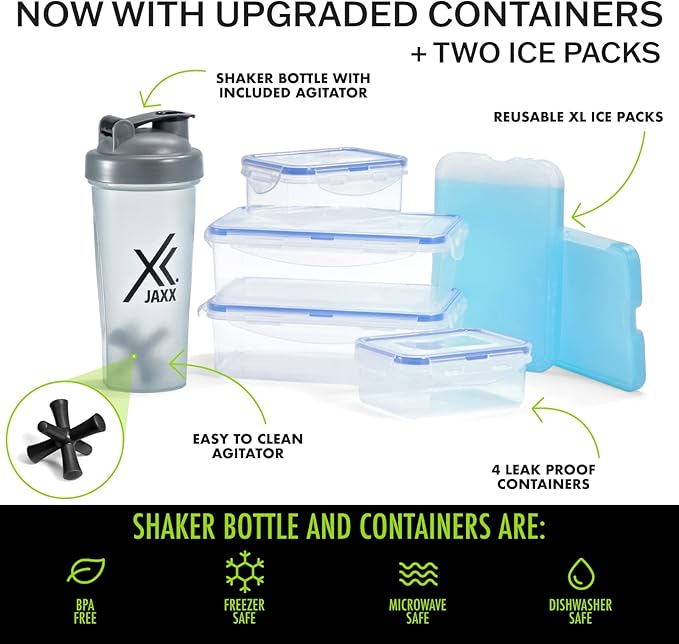 Fit & Fresh JAXX, 9pc Meal Prep Lunch Bag, Gray, Unisex, Polyester, Large Capacity, Insulated, With Containers, Ice Packs, Shaker Bottle
