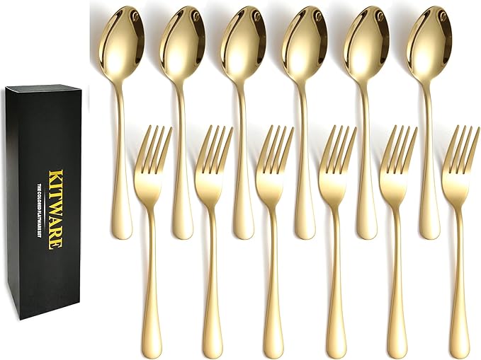 Gold Spoons and Forks Silverware Set, KITWARE 12 Pieces Stylist Colored Stainless Steel Flatware Cutlery Service for 6, Home Kitchen Utensil Sets for Restaurant, hotel, travel, outdoor, BBQ