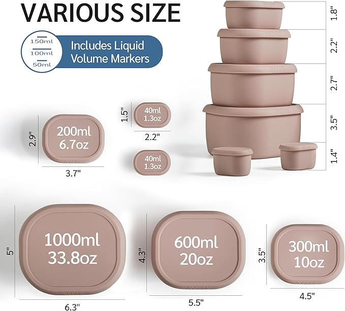ISSEVE 6Pcs/Set Nesting Silicone Food Storage Containers with Lids, BPA Free Reusable Meal Prep Silicone Containers Lunch Box Bento Box Set (33.8oz, 20oz, 10oz, 6.7oz, 1.3oz) (Pink)