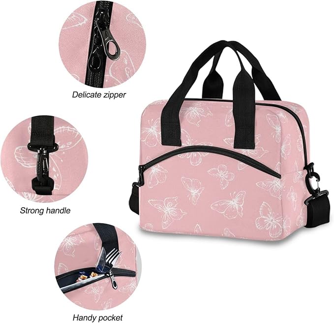 Pink Butterfly Lunch Bag for Man and Women Water-Resistant Fabric Lunch Box, Portable Insulated Meal Tote with Front Pocket
