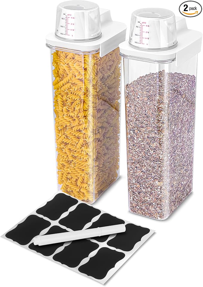 Air Tight Cereal Container Organizer Set of 2-2900ML Total 196oz, Dry Food Storage for Pet Food, Rice, Oatmeal with Pour Spout Lid & Small Plastic Measuring Cup for Flour and Sugar