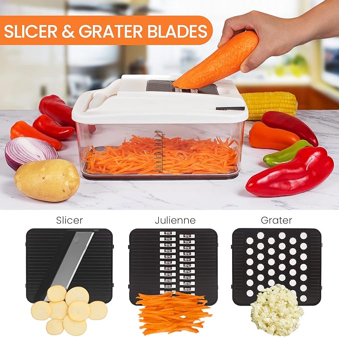Vegetable Chopper, Extra Large Chopper Vegetable Cutter, Multifunctional 10-in-1 Pro Food Chopper - 6 Blades, 4 Vegetable Spiralizers, E-Recipes - Veggie Chopper with Container