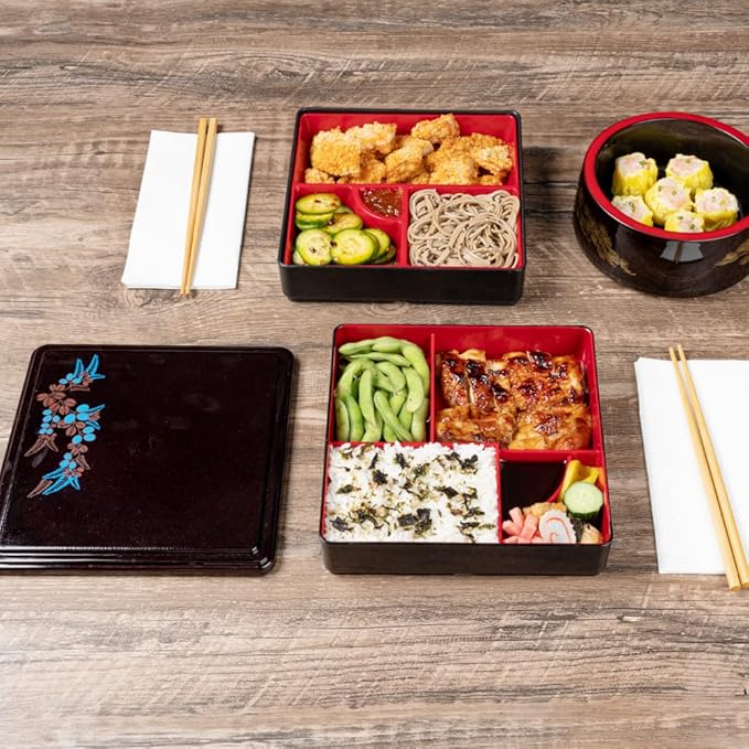Restaurantware-8.3 x 2.2 Inch Compartment Lunch Container, 1 Japanese Style Adult Lunch Container - With 5 Compartments, Greaseproof, Black & Red Plastic Divided Lunch Box, For Hot & Cold Food