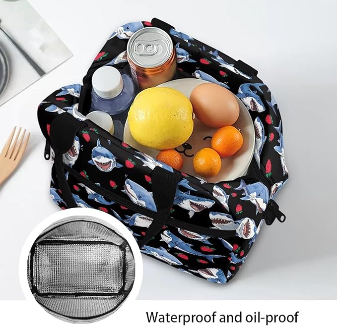 Showudesigns Strawberry Shark Lunch Bag for Women Lunch Box Containers Reusable Lunch Tote Bags for Girls Kids Food Cooler Bag With Front Zipper Pockets Thermal Meal Tote Kit Blue