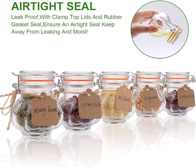 Glass Spice Jars,Encheng Glass Jars With Airtight Lids 4 oz,Small Jars With LeakProof Rubber Gasket,Mason Jars With Hinged Lids For Kitchen,Mini Storage Containers With Twine and Tags Labeling 30 Pack