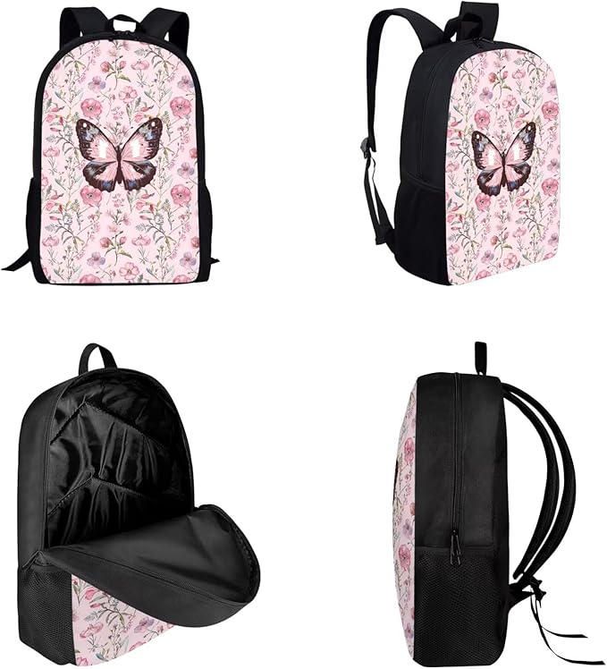 Dolyues Pink Butterfly Kids Backpack Set - Schoolbag for Boys & Girls, Includes Lunch Box & Pencil Case - Perfect for Elementary & Middle School Students