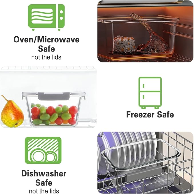 HOMBERKING 4pc Glass Food Storage Containers with Lids, Glass Meal Prep Containers with Leak Proof Snap Lock Lids, Airtight Bento Lunch Boxes, Kitchen Storage (2 lids & 2 Containers) - Grey