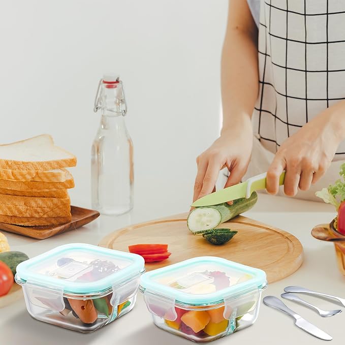 4 Pack Glass Portion Control Bariatric Containers with Lids and 4 Set Knives Forks Spoons Flatware Set Food Containers for Adults Diet Balanced Eating Weight Loss Serving Plan