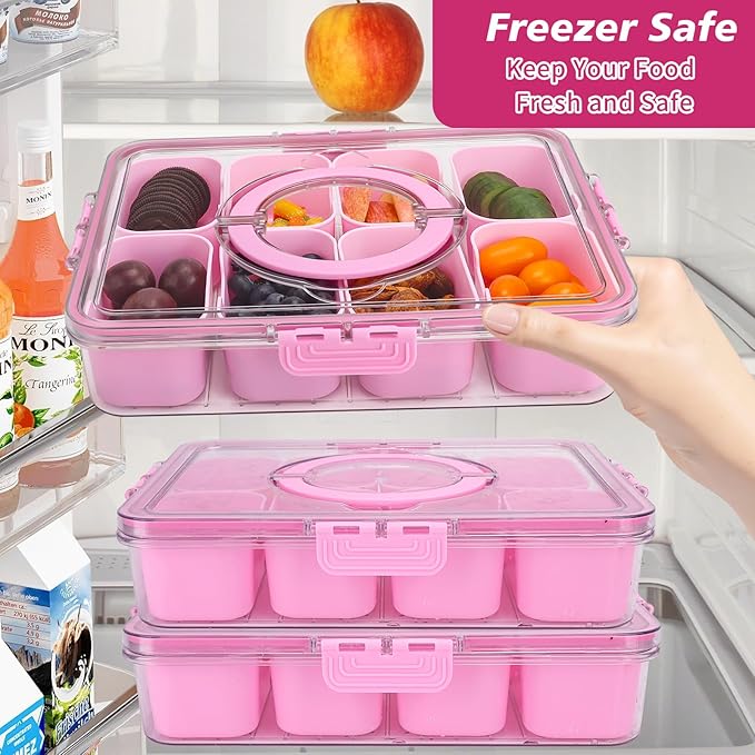 shopwithgreen Snackle Box Charcuterie Container, Divided Serving Tray with Lid and Handle for Party, Veggies, Fruits, Nuts, Food Tray Platter Snack Box Container for Entertaining, Picnic, Pink, 2pcs