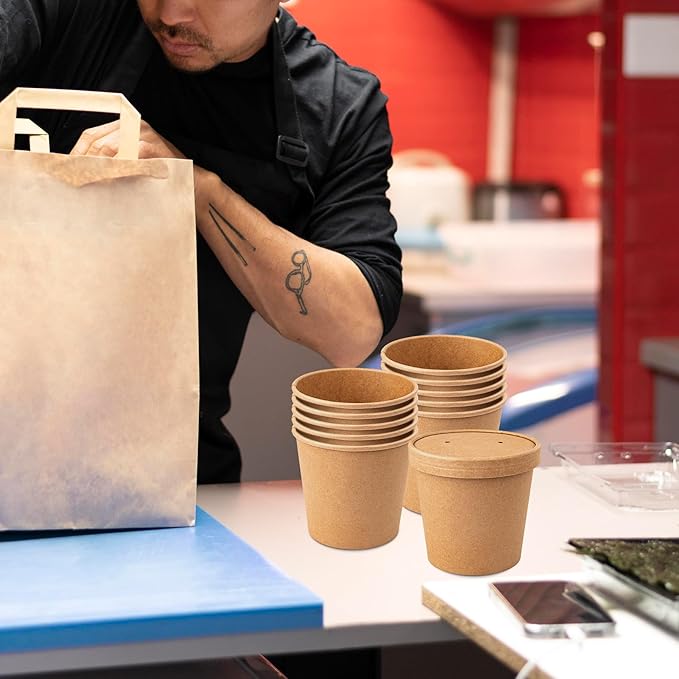 Paper Soup Bowls with Lids, Disposable Ice Cream Cups Kraft Paper Soup Bowls 26oz To Go Soup Containers with Lids for Hot Soups, Food Storage, Ice Creams(10 Sets, 26 oz)