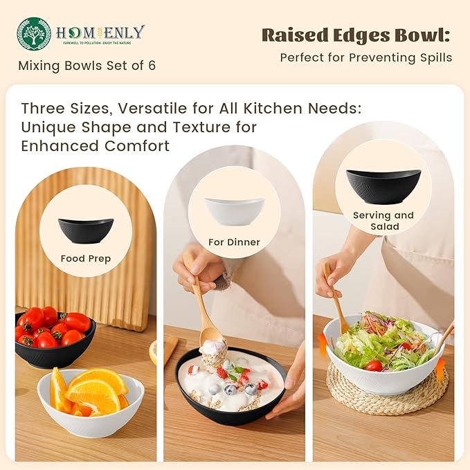 Homienly Wheat Straw Bowls with 3 Size, Mixing Bowls 6 PCS - 60 OZ/26 OZ/10 OZ, Microwave and Dishwasher Safe Bowls for Salad, Snack, Cereal(Panda Color)