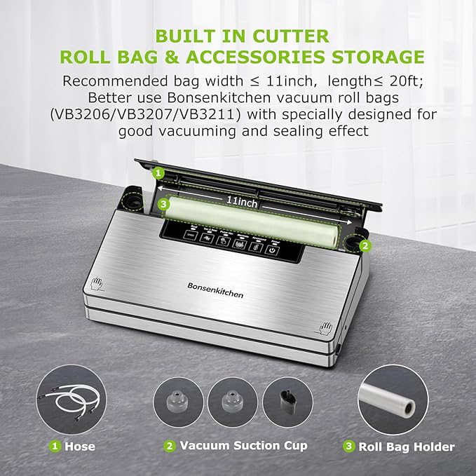 Bonsenkitchen Vacuum Sealer Machine, Stainless Steel Food Sealer Vacuum Sealers with 100 Bags & 1 Roll, 5 Food Vacuum Modes, Built-in Cutter & Bag Storage, Climate Pledge Friendly, Black