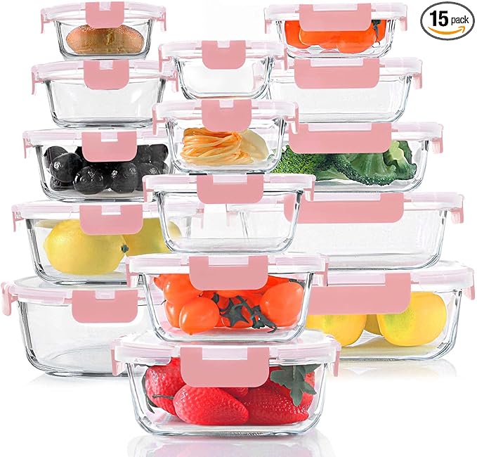 30 Pieces Glass Food Storage Containers Set, Glass Meal Prep Containers Set with Snap Locking Lids, Airtight Glass lunch Containers, Microwave, Oven, Freezer & Dishwasher,Pink