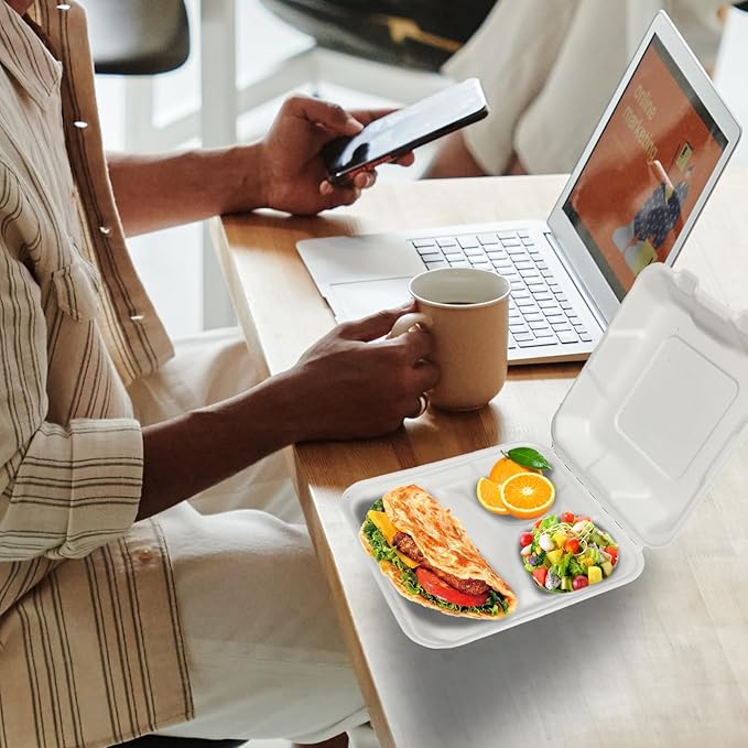8X8 60 Pack Clamshell Take Out Food Containers, 3 Compartment To Go Containers with Lids,Disposable Compostable To Go Boxes Heavy-Duty Biodegradable (8 * 8 in, 3-Compartment,60Pack)
